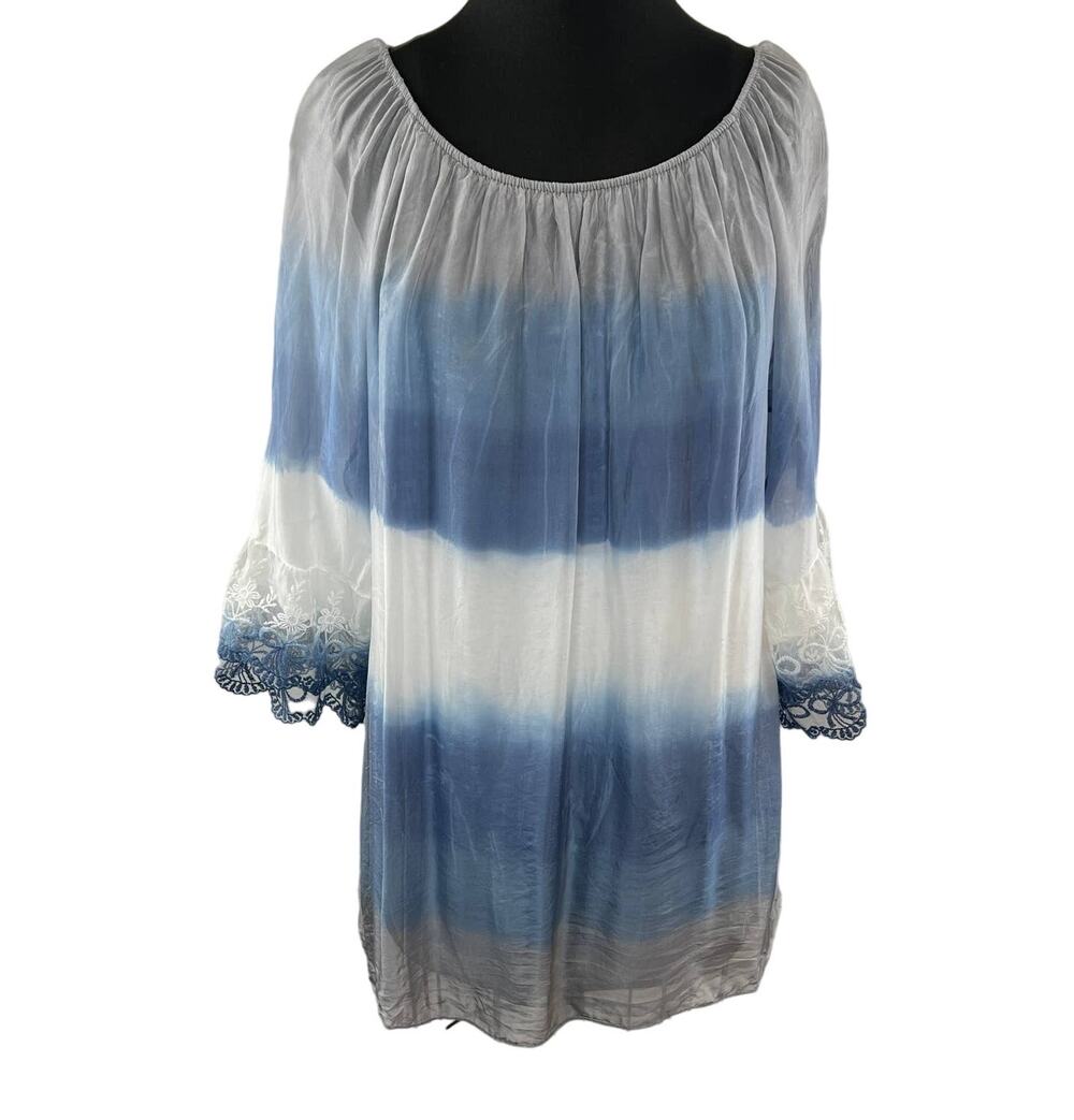 NWT Lola Blue Gray White Silk Lace Cuff Bell Sleeve Off Shoulder Top M ITALY